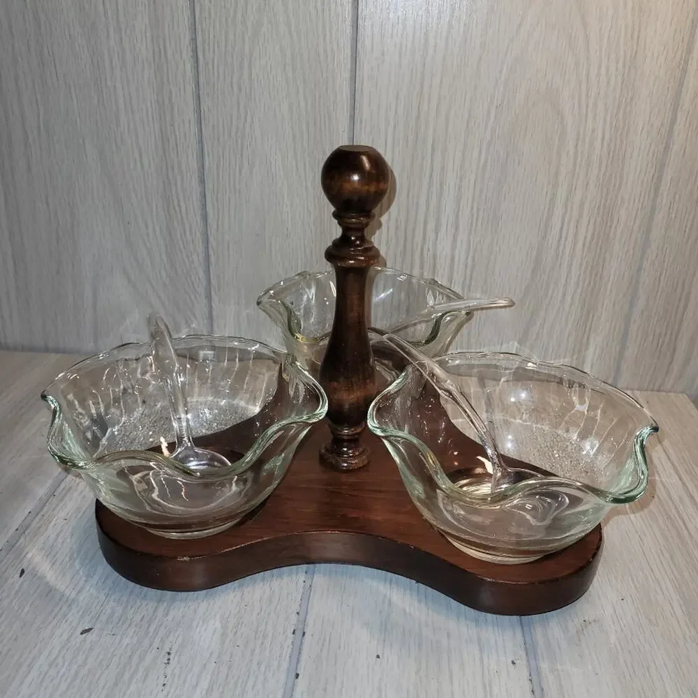 Vtg 70s Handcrafted Cornwall Wood/Glass Condiment Tray Serving Dish Hostess